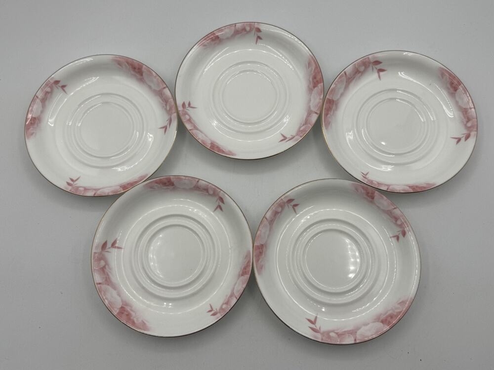 Bloomy Bone China Set of 5 Teacup Saucers Pink & White Floral, 5in Wide Pre-own